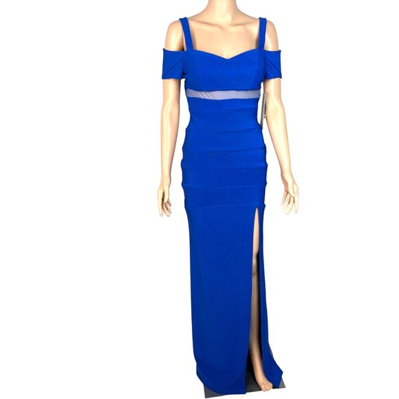 Honey And Rosie Royal Blue Off-Shoulder Gown Sweetheart Neckline & Slit NWT - Picture 3 of 13